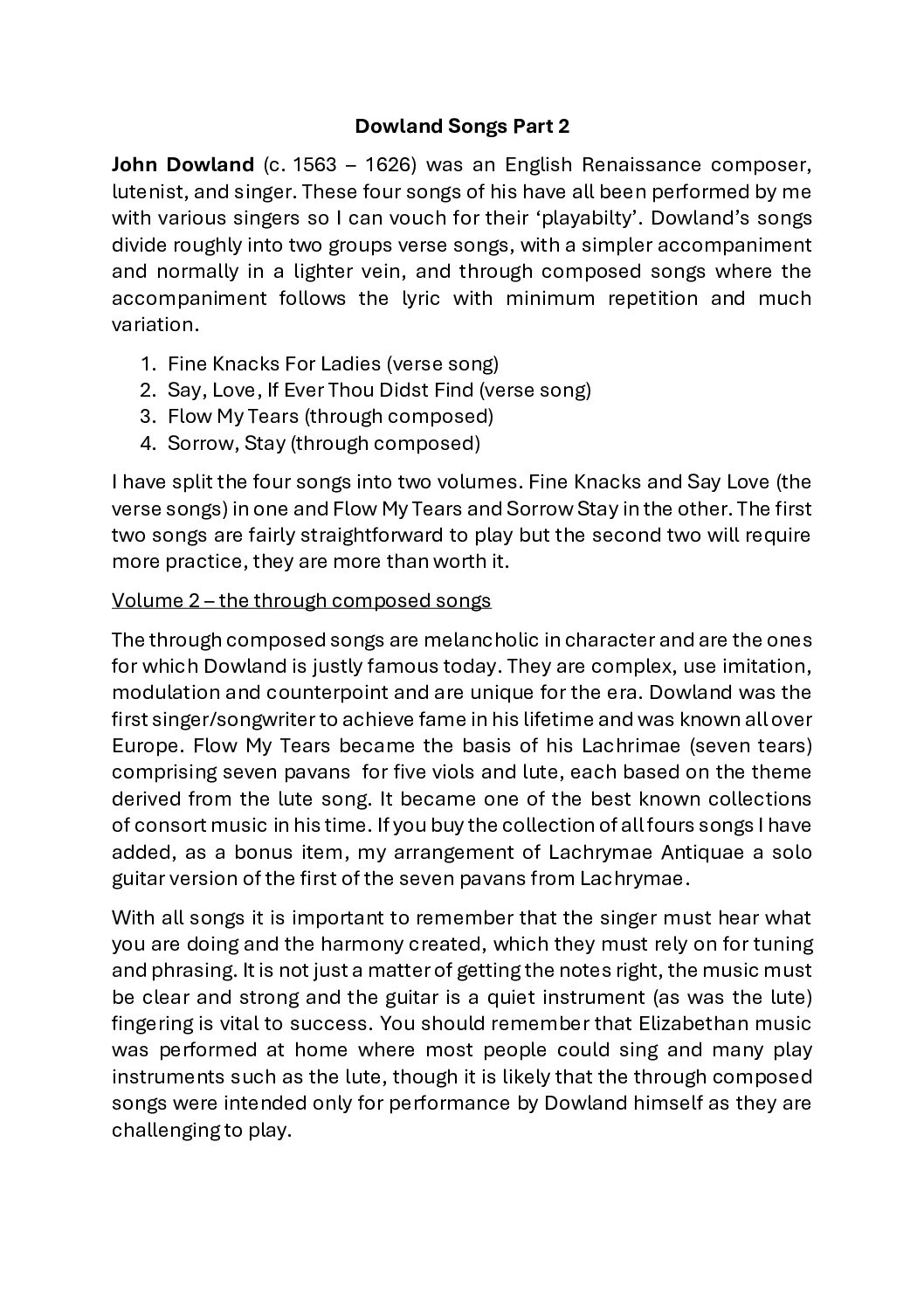John Dowland Songs Part 2 arranged by Simon James - Image 2