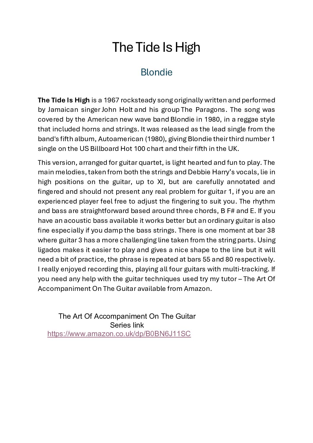 The Tide Is High, Blondie, for Guitar Quartet - Image 2